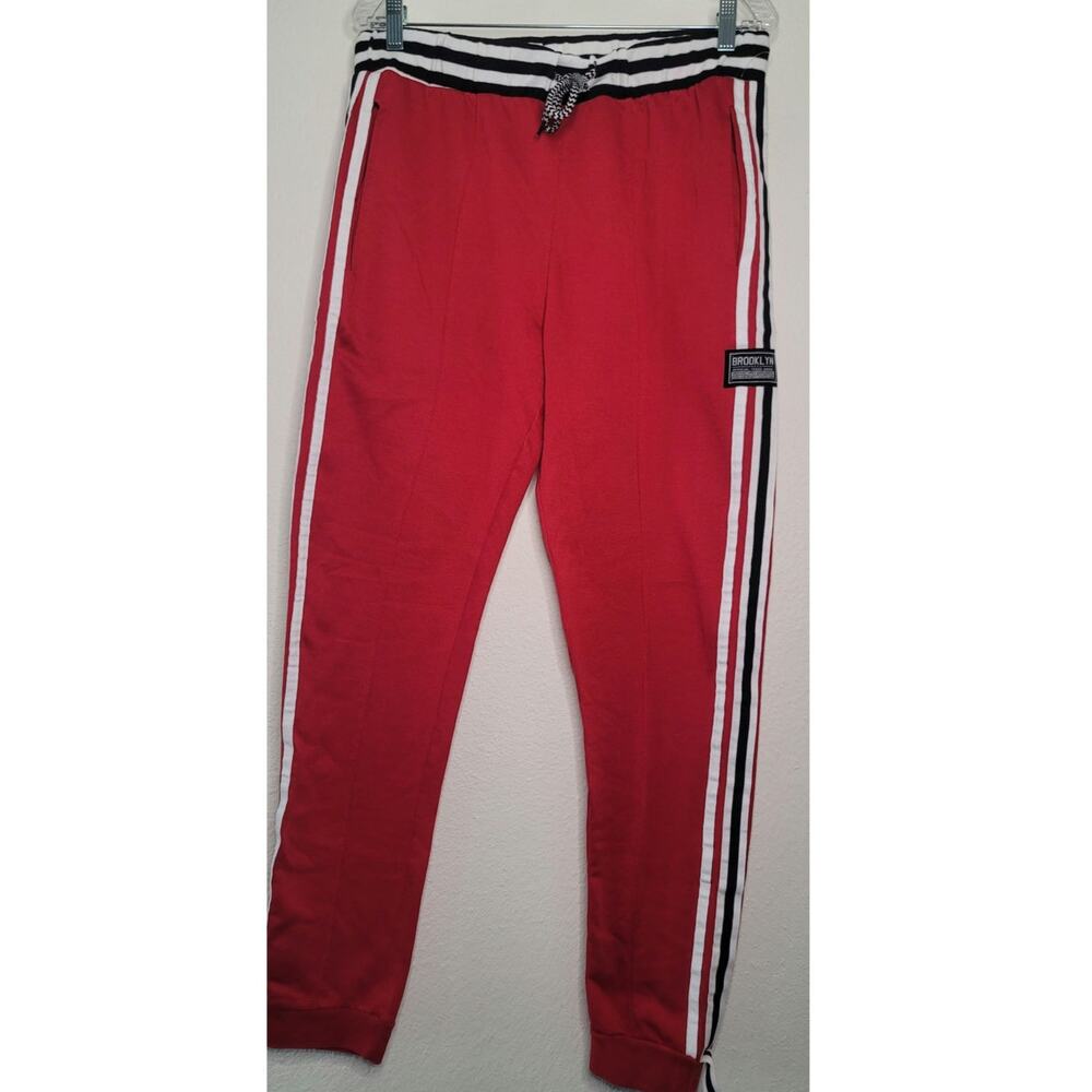 Brooklyn Xpress Red Jogger Pant Black and White Side Stripes Striped Waistband L